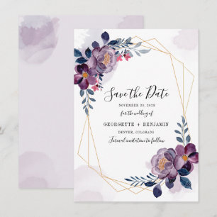 Floral Geometric Purple Foliage Wedding Save The Date