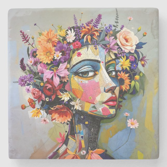 "Floral Geometry" – A Botanical Portrait Stone Coaster (Front)