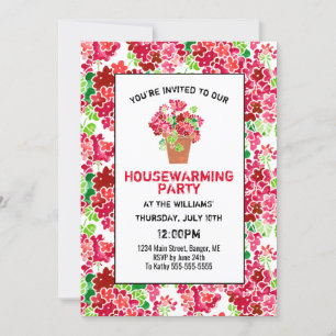 Floral Geranium Pink Coral Red House Warming Party Invitation
