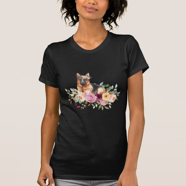 Floral German Shepard  T-Shirt (Front)
