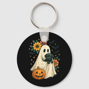 Floral Ghost Black Dog Coquette Funny Halloween Key Ring