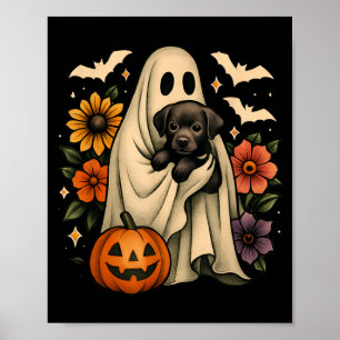 Floral Ghost Black Dog Coquette Funny Halloween Poster