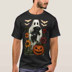 Floral Ghost Black Dog Coquette Funny Halloween T-Shirt