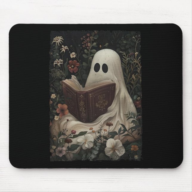 Floral Ghost Reading Book Halloween Costume Gothic Mouse Pad (Front)