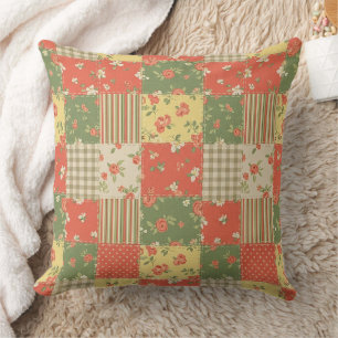 Floral Gingham Patchwork Vintage Farmhouse Look Cushion