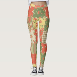 Floral Gingham Patchwork Vintage Farmhouse Look Leggings