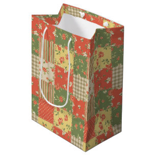 Floral Gingham Patchwork Vintage Farmhouse Look Medium Gift Bag