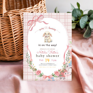 Floral Gingham Pink Bow Cute Bunny Baby Shower Invitation