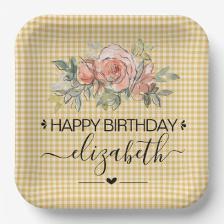 Floral Gingham Plaid Happy Birthday Paper Plates