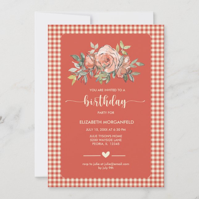 Floral Gingham Plaid Happy Birthday Party Invitation (Front)