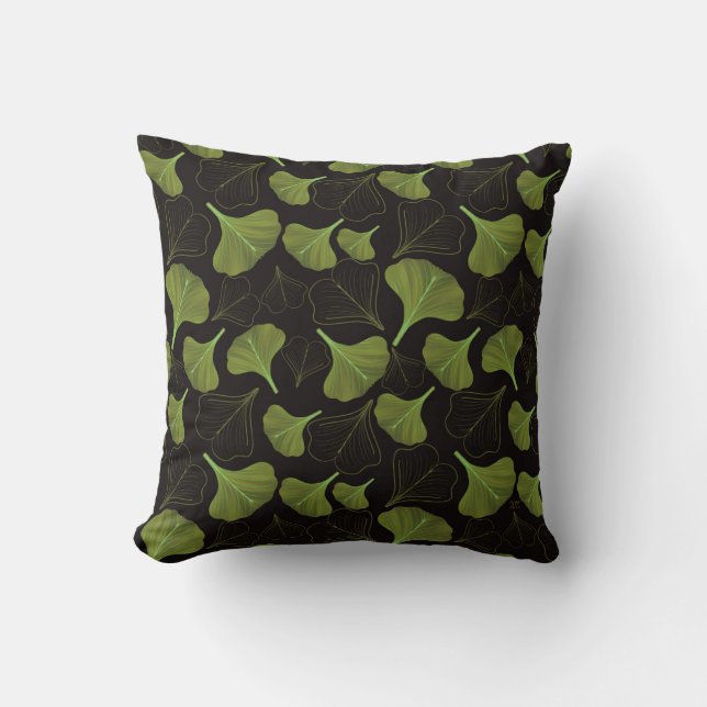 Floral Ginkgo Leaf Black Pattern Cushion (Front)