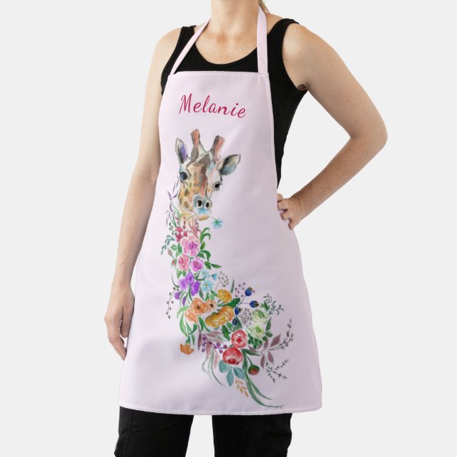 Floral Giraffe Apron with Personalised Name (Insitu)