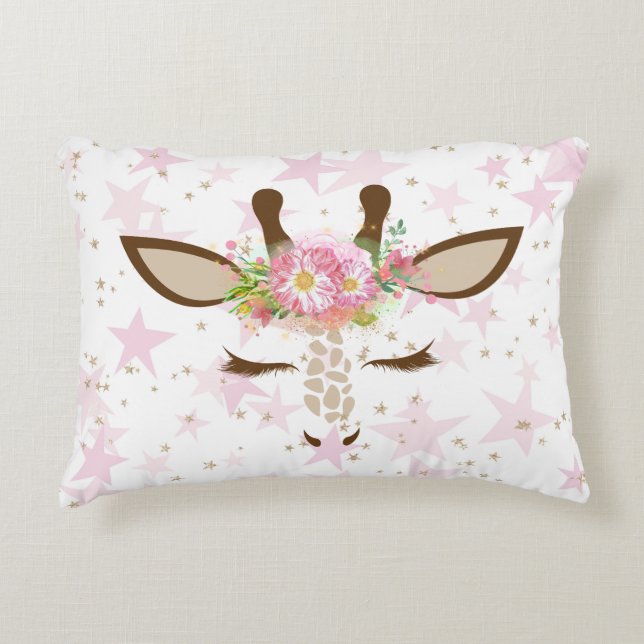 Floral Giraffe on Pink Stars Decorative Cushion (Front)