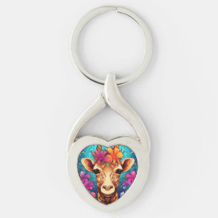 Floral Giraffe Portrait-93132 Key Ring