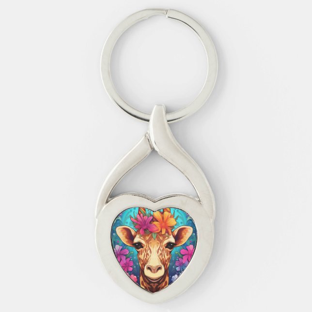 Floral Giraffe Portrait-93132 Key Ring (Front)