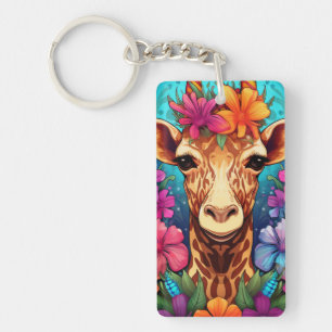 Floral Giraffe Portrait-93132 Key Ring
