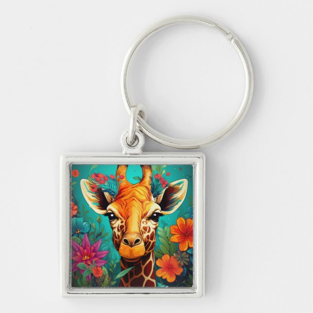 Floral Giraffe Portrait-9319 Key Ring (Front)