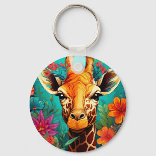 Floral Giraffe Portrait-9319 Key Ring