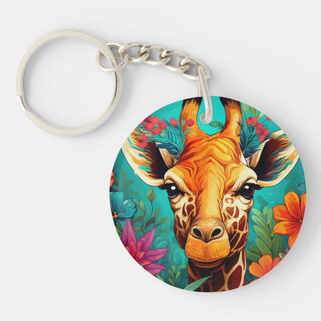 Floral Giraffe Portrait-9319 Key Ring (Front)