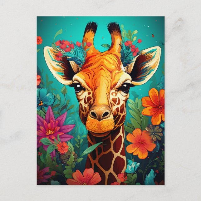 Floral Giraffe Portrait-9319 Postcard (Front)