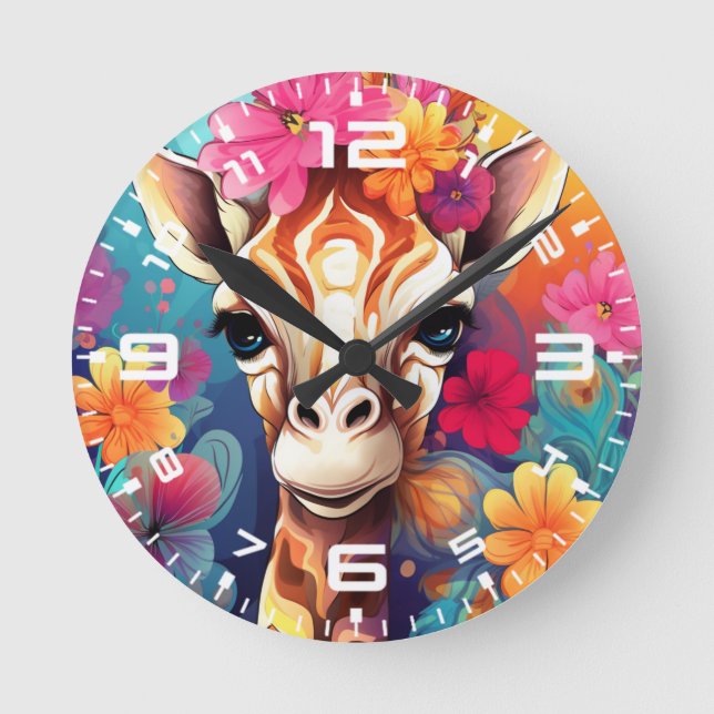 Floral Giraffe Portrait-9320 Round Clock (Front)