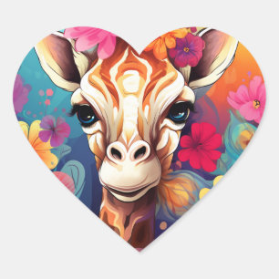 Floral Giraffe Portrait-9321 Heart Sticker