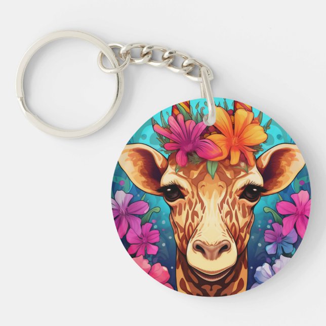 Floral Giraffe Portrait-9321 Key Ring (Front)