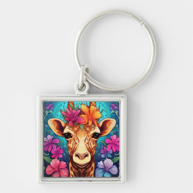 Floral Giraffe Portrait-9321 Key Ring (Front)