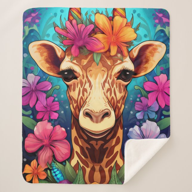 Floral Giraffe Portrait-9322 Sherpa Blanket (Front)