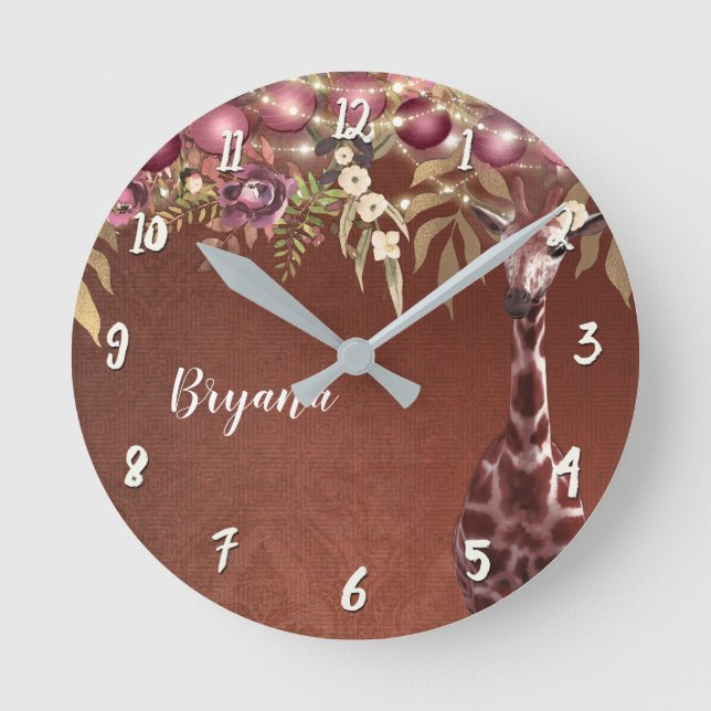 Floral Giraffe Rustic Brown Chic Personalised Round Clock (Front)