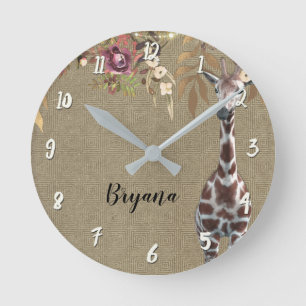 Floral Giraffe Rustic Brown Chic Personalised Round Clock