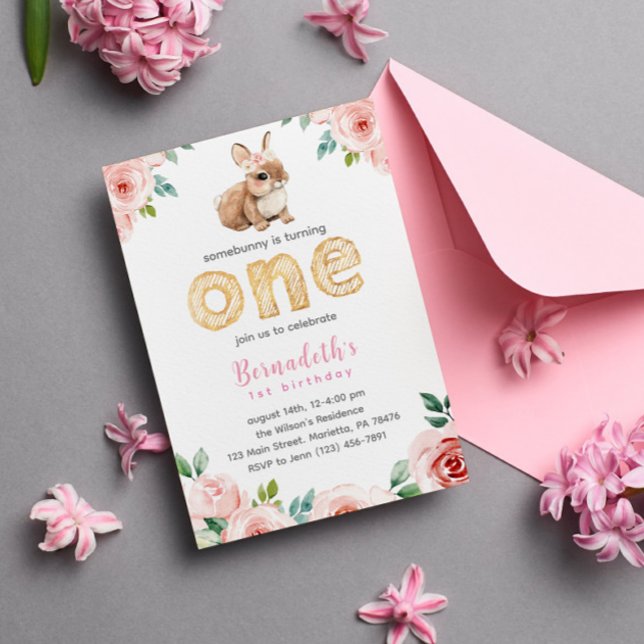 Floral Girl Baby Bunny 1st Birthday Party Invitation (Creator Uploaded)