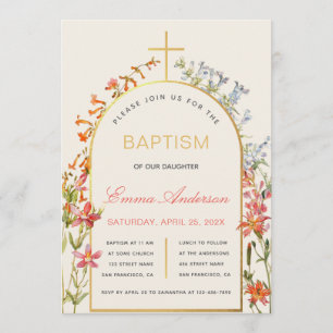 Floral Girl Baptism Gold Cross Arch & Wildflowers Invitation