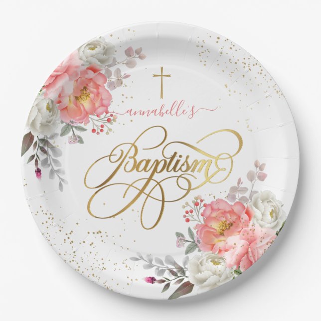 Floral Girl Baptism  Paper Plate (Front)