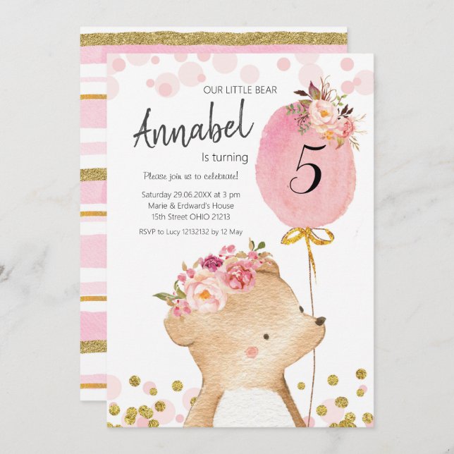 Floral Girl Bear Birthday Invitation (Front/Back)