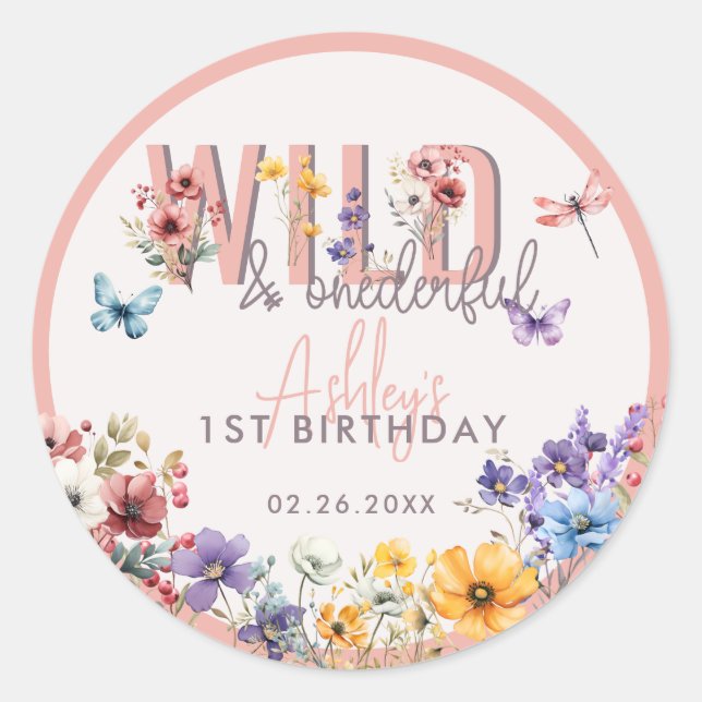 Floral Girl Birthday | Wild & Onederful Favour Classic Round Sticker (Front)