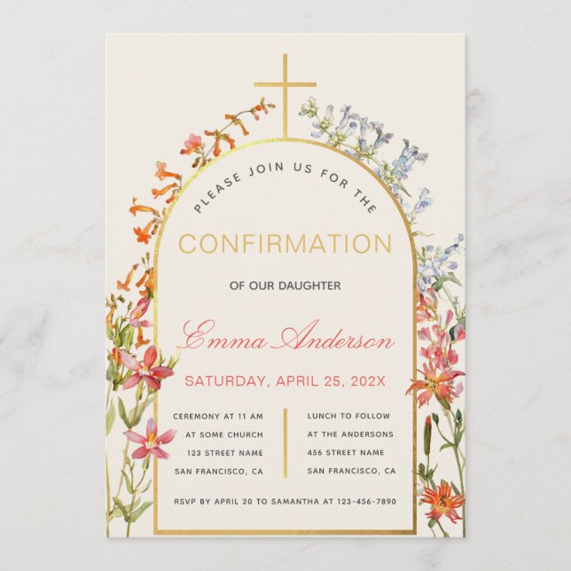 Floral Girl Confirmation Gold Arch and Wildflowers Invitation (Front)