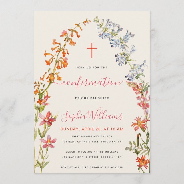 Floral Girl Confirmation Wildflowers Watercolor  Invitation (Front)