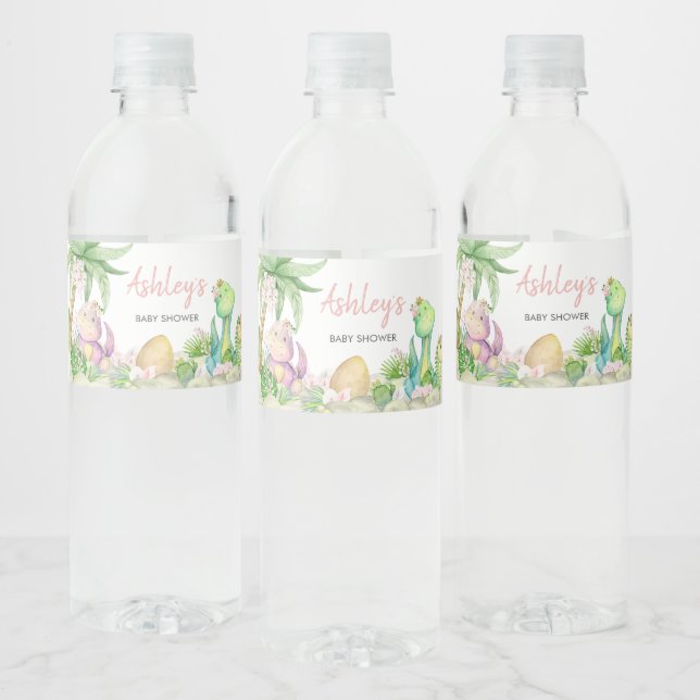 Floral Girl Dinosaur Baby Shower  Water Bottle Label (Bottles)