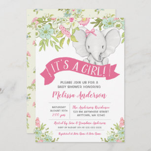 Floral Girl Elephant Baby Shower Invitations