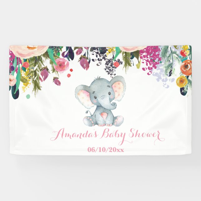Floral Girl Elephant Baby Shower Pink and Grey Banner (Horizontal)