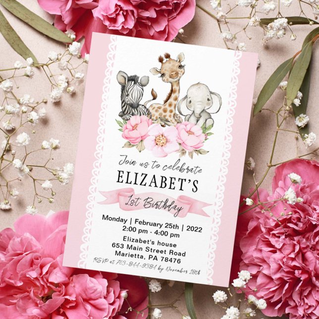 Floral Girl Safari Baby Animals Birthday Invitation (Creator Uploaded)