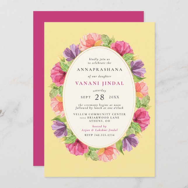Floral Girls Annaprashana First Rice Ceremony Invitation (Front/Back)