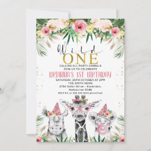 Floral Girls Drawn Safari Wild Birthday Invitation