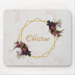 Floral Girly Marble Gold Burgundy Red Peonies Name Mouse Pad