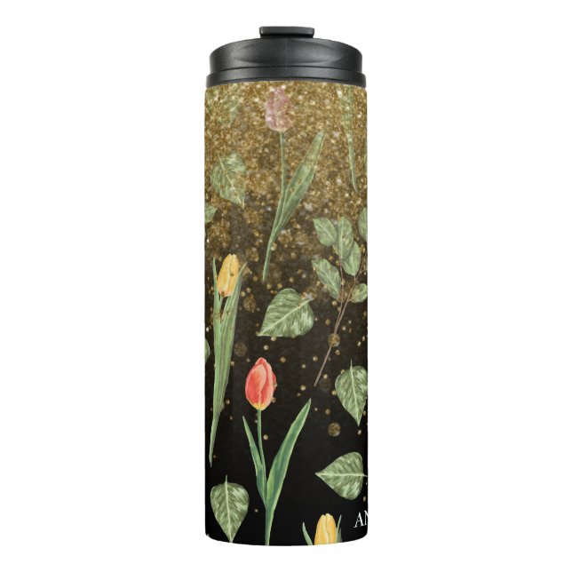 ** Floral Girly Pink Yellow TULIPS Gold Glitter Thermal Tumbler (Front)