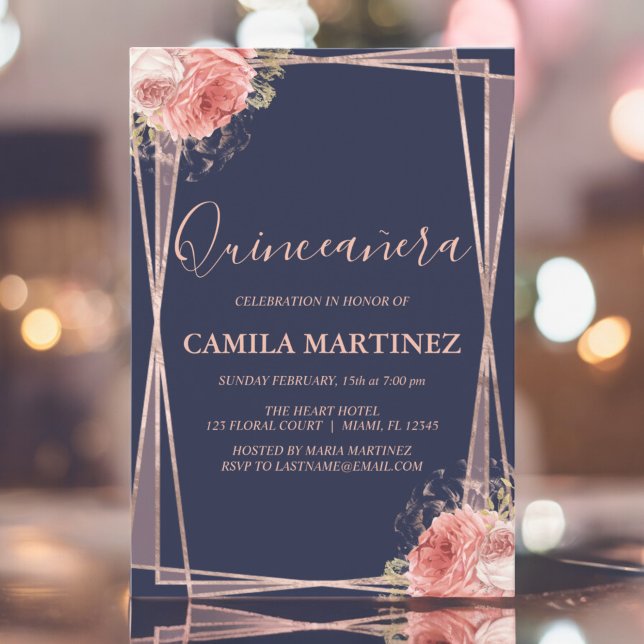 Floral Girly Rose Gold Blue Quinceanera Party Invitation (Creator Uploaded)