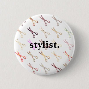 Floral girly scissors colourful hair stylist 6 cm round badge