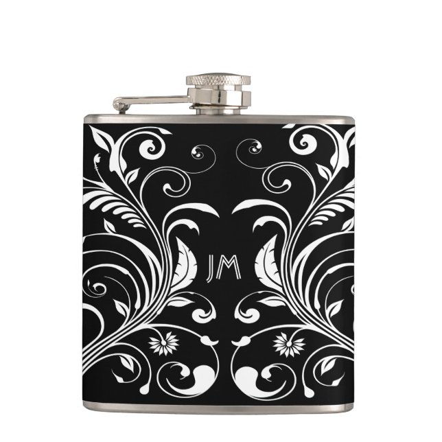 Floral girly vintage elegant monogram hip flask (Front)