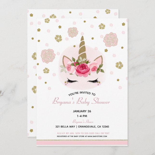 Floral Glam Gold Glitter Unicorn Baby Shower Invitation (Front/Back)
